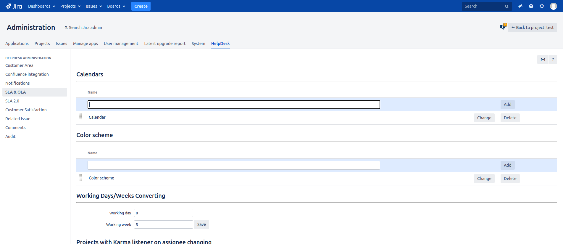 HelpDesk for Jira Customer Portal SLA calendars and color schemes config