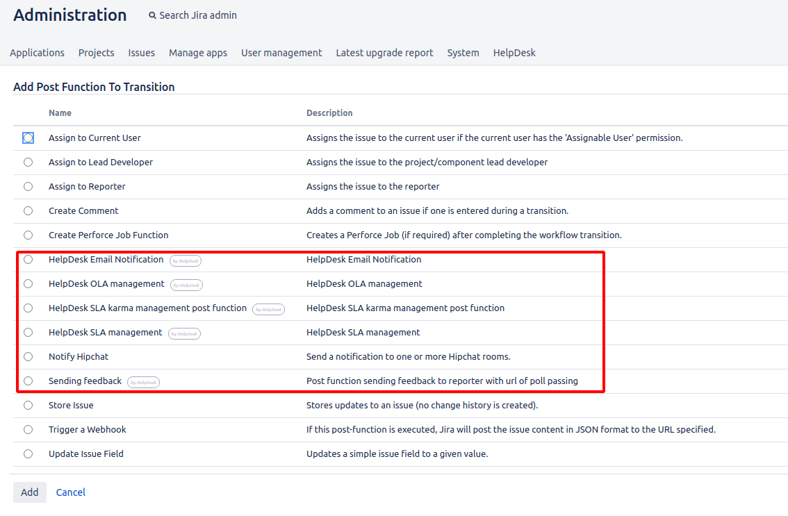 HelpDesk for Jira Customer Portal postfunction